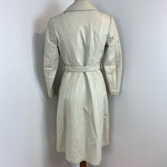 70s Vintage Embassy Women’s XS Genuine Leather Belted Tan Overcoat Jacket Trench - Picture 5 of 15